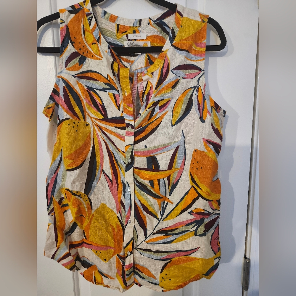 Colorful Linen Leaf Print Sleeveless Top